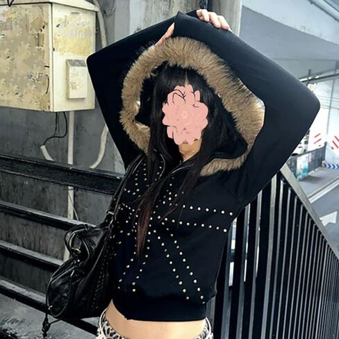 Gothic Women's Black Fur-Trimmed Studded Zip-Up Hooded Jacket Y2K Punk Street Fall Winter Warm Long Sleeve Coat in Saudi Arabia