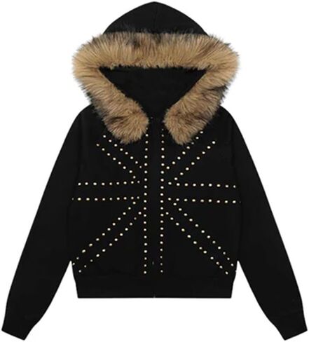 Gothic Women's Black Fur-Trimmed Studded Zip-Up Hooded Jacket Y2K Punk Street Fall Winter Warm Long Sleeve Coat in Saudi Arabia