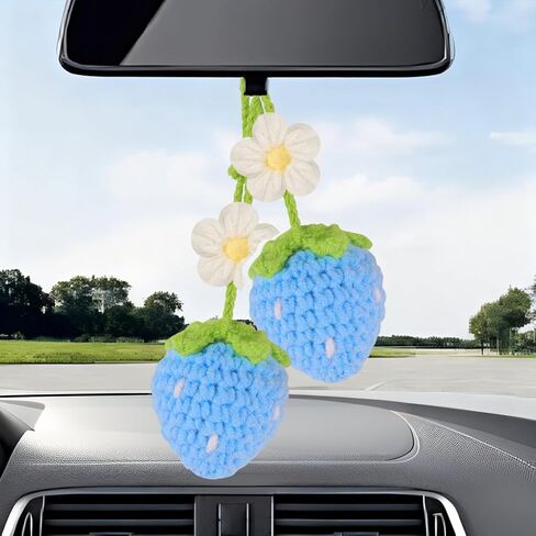 Crochet Strawberry and Flower Car Hanging Ornaments, Aesthetic Rearview Mirror Hanging Accessories, Handmade Car Decor 2-Pack, Pink in Saudi Arabia