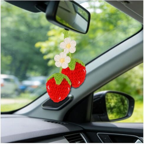 Crochet Strawberry and Flower Car Hanging Ornaments, Aesthetic Rearview Mirror Hanging Accessories, Handmade Car Decor 2-Pack, Pink in Saudi Arabia