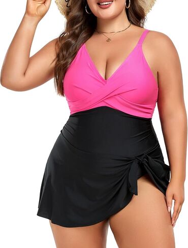 Women Plus Size Swim Dress Tummy Control One Piece Swimsuit Wrap Full Coverage Modest Bathing Suit Cute Tie Knot in Saudi Arabia