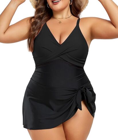 Women Plus Size Swim Dress Tummy Control One Piece Swimsuit Wrap Full Coverage Modest Bathing Suit Cute Tie Knot in Saudi Arabia