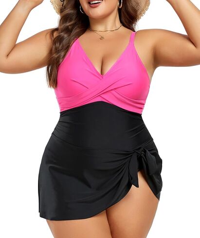 Women Plus Size Swim Dress Tummy Control One Piece Swimsuit Wrap Full Coverage Modest Bathing Suit Cute Tie Knot in Saudi Arabia