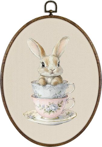 KFXHANGD Coquette Bunny Rabbit Oval Wall Art Framed, Bunny Nursery Decor, Easter Farmhouse Rabbits Canvas Wall Art Decor, Cute Bunnies tea cup Hanging Decor for Bedroom Bathroom, 8.7x11.3 Inch in Saudi Arabia