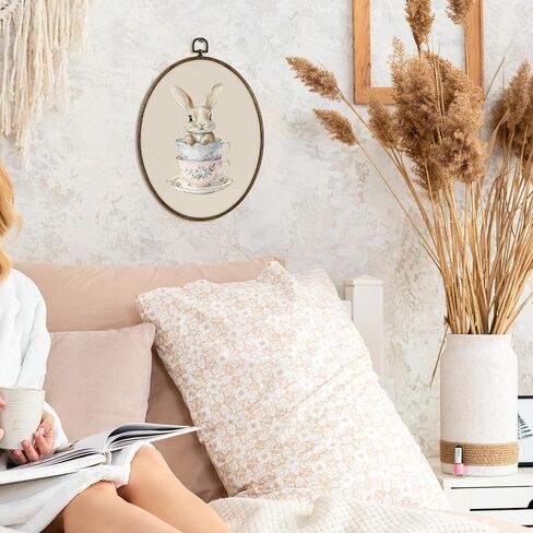 KFXHANGD Coquette Bunny Rabbit Oval Wall Art Framed, Bunny Nursery Decor, Easter Farmhouse Rabbits Canvas Wall Art Decor, Cute Bunnies tea cup Hanging Decor for Bedroom Bathroom, 8.7x11.3 Inch in Saudi Arabia