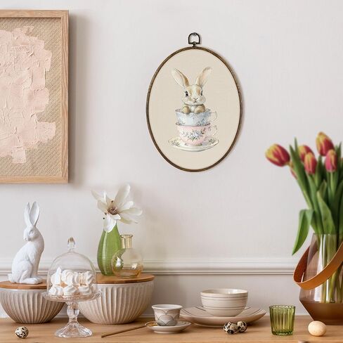 KFXHANGD Coquette Bunny Rabbit Oval Wall Art Framed, Bunny Nursery Decor, Easter Farmhouse Rabbits Canvas Wall Art Decor, Cute Bunnies tea cup Hanging Decor for Bedroom Bathroom, 8.7x11.3 Inch in Saudi Arabia