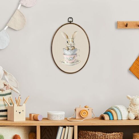 KFXHANGD Coquette Bunny Rabbit Oval Wall Art Framed, Bunny Nursery Decor, Easter Farmhouse Rabbits Canvas Wall Art Decor, Cute Bunnies tea cup Hanging Decor for Bedroom Bathroom, 8.7x11.3 Inch in Saudi Arabia