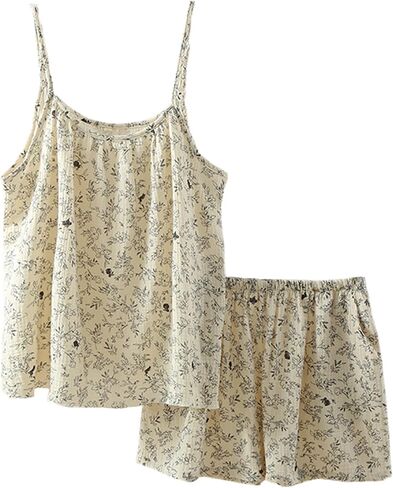 طقم بيجامة قطن نسائي مكون من قطعتين طقم صالة بروتيل بحزام سباغيتي مزين بالزهور in Kuwait