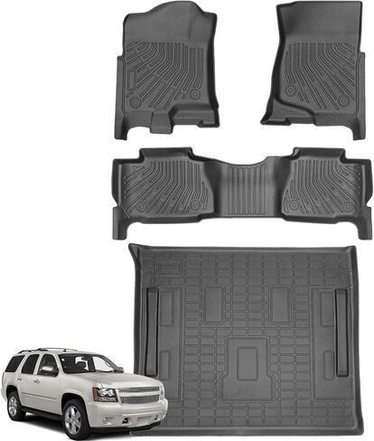 Floor Mats for Chevy Tahoe | Cadillac Escalade | GMC Yukon (Not XL) 2007-2014, All Weather Protection TPE Floor Mat, Front, 2nd Row & Cargo Liner Custom Full Car Mats Black in Saudi Arabia
