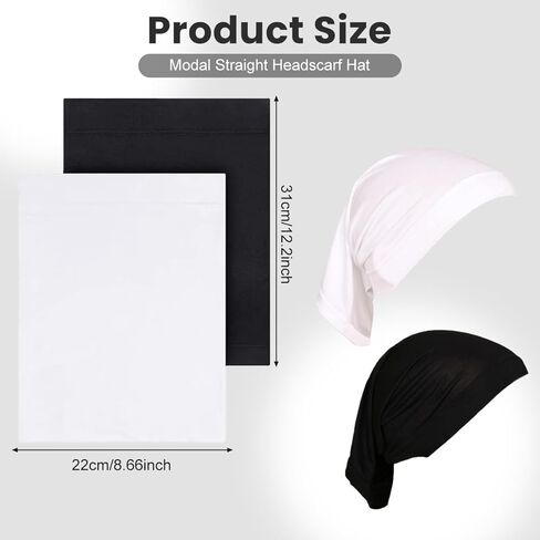 2 PCS 12×8.7Inch Under Scarf Hijab Cap Solid Color Stretch Turban Head Wrap Tube Inner Undercap for Unisex Black White in Kuwait
