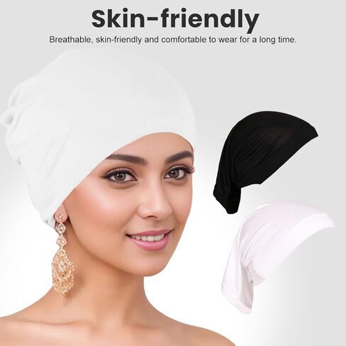 2 PCS 12×8.7Inch Under Scarf Hijab Cap Solid Color Stretch Turban Head Wrap Tube Inner Undercap for Unisex Black White in Kuwait