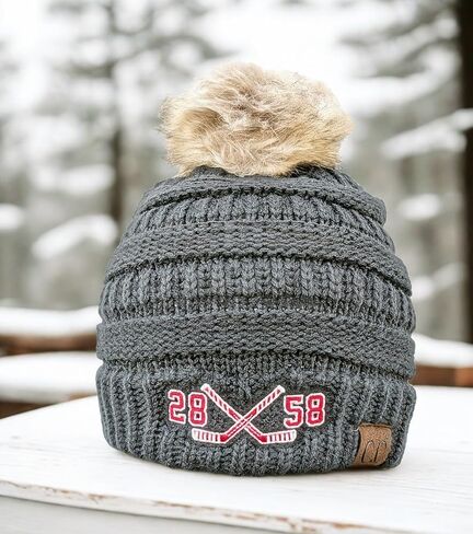 Women's Custom Ice Hockey Sticks Beanie Hat Cap, Optional Player Jersey Team Numbers, Monogrammed Winter Sewn Toque, Spirit Wear Games Mom Friend Wife Gift Clothing Present Embroidered Dark Grey in Kuwait