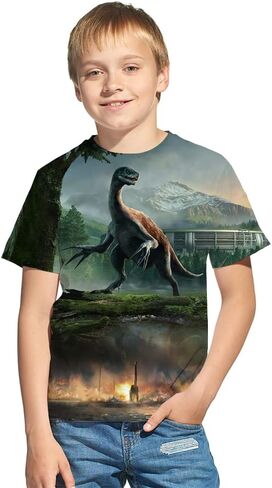 تي شيرت مطبوع ثلاثي الأبعاد للأولاد والبنات تي شيرت مضحك وحوش الديناصورات تي ريكس بأكمام قصيرة للشباب والأولاد والبنات من عمر 4 إلى 14 سنة in Kuwait
