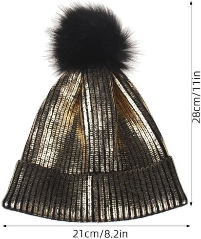 Winter and Fall Chic Beanie Metallic Shiny Beanie Skull Pom Pom Hats for Women (Gold) in Saudi Arabia