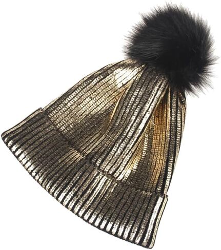 Winter and Fall Chic Beanie Metallic Shiny Beanie Skull Pom Pom Hats for Women (Gold) in Saudi Arabia
