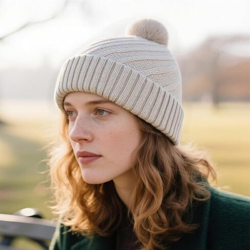 Ribbed Knit Beanie with Soft Fluffy Pom Pom for Women Warm Winter Hat in Saudi Arabia