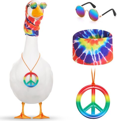 3 Pcs Easter Hippie Porch Goose Outfit for 23''/ 17'' Plastic Lawn Summer Goose Costume 70s Tie Dye Rainbow Leopard Clothes Hippie Headband Necklace Sunglasses for Outdoor Yard Lawn in Saudi Arabia