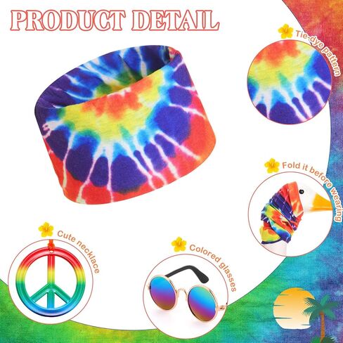 3 Pcs Easter Hippie Porch Goose Outfit for 23''/ 17'' Plastic Lawn Summer Goose Costume 70s Tie Dye Rainbow Leopard Clothes Hippie Headband Necklace Sunglasses for Outdoor Yard Lawn in Saudi Arabia
