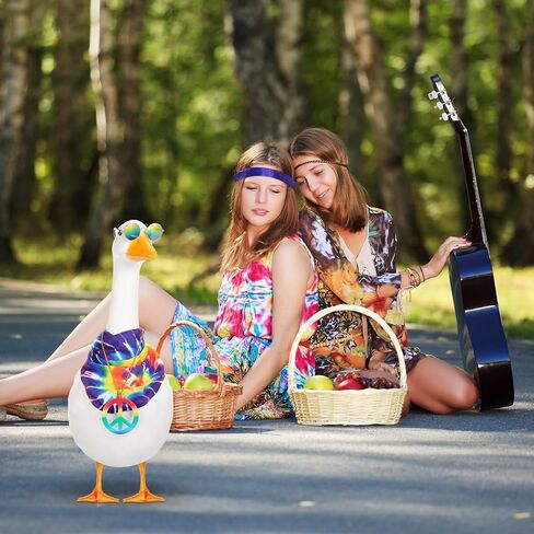 3 Pcs Easter Hippie Porch Goose Outfit for 23''/ 17'' Plastic Lawn Summer Goose Costume 70s Tie Dye Rainbow Leopard Clothes Hippie Headband Necklace Sunglasses for Outdoor Yard Lawn in Saudi Arabia