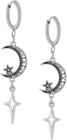 Sacina Goth Silver-tone Crescent Moon Star Hoop Earrings, Gothic Emo Punk Grunge Y2k Aesthetic Earrings, Goth Jewelry, Christmas Jewelry Gift for Women in Saudi Arabia
