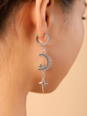 Sacina Goth Silver-tone Crescent Moon Star Hoop Earrings, Gothic Emo Punk Grunge Y2k Aesthetic Earrings, Goth Jewelry, Christmas Jewelry Gift for Women in Saudi Arabia