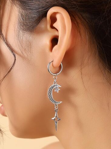 Sacina Goth Silver-tone Crescent Moon Star Hoop Earrings, Gothic Emo Punk Grunge Y2k Aesthetic Earrings, Goth Jewelry, Christmas Jewelry Gift for Women in Saudi Arabia
