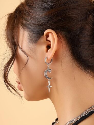 Sacina Goth Silver-tone Crescent Moon Star Hoop Earrings, Gothic Emo Punk Grunge Y2k Aesthetic Earrings, Goth Jewelry, Christmas Jewelry Gift for Women in Saudi Arabia