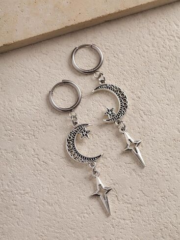 Sacina Goth Silver-tone Crescent Moon Star Hoop Earrings, Gothic Emo Punk Grunge Y2k Aesthetic Earrings, Goth Jewelry, Christmas Jewelry Gift for Women in Saudi Arabia