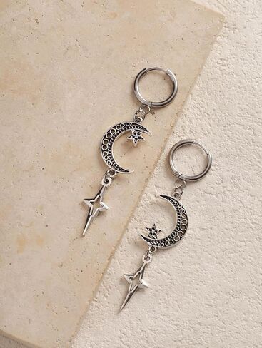 Sacina Goth Silver-tone Crescent Moon Star Hoop Earrings, Gothic Emo Punk Grunge Y2k Aesthetic Earrings, Goth Jewelry, Christmas Jewelry Gift for Women in Saudi Arabia