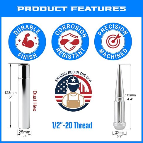 20 Solid Spline Spike Lug Nuts 1/2" Chrome for Ford Bronco T-Bird (4 Lug) Explorer Mustang (64-14) Ranger (5 Lug) in Saudi Arabia