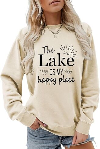 سويت شيرت The Lake is My Happy Place، قميص نسائي مضحك Lake Life برقبة دائرية للتخييم والصيد والطبيعة in Saudi Arabia