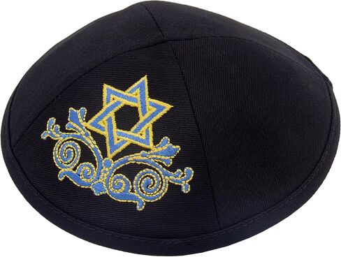 كيبا سويد بيضاء مقاس 19 سم مع تطريز نجمة داود باللونين الأزرق والأصفر للرجال والأولاد، قبعة ياماكا من إسرائيل (نجمة زرقاء وصفراء) in Kuwait