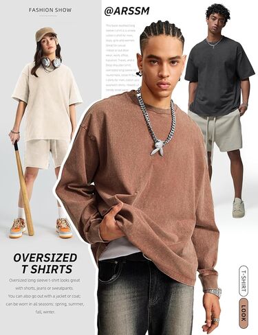 Arssm Mens Oversized T Shirts Cotton Acid Wash T-Shirts Baggy Vintage Tees Loose Fit Heavyweight Streetwear Tops in Saudi Arabia