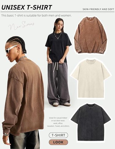 Arssm Mens Oversized T Shirts Cotton Acid Wash T-Shirts Baggy Vintage Tees Loose Fit Heavyweight Streetwear Tops in Saudi Arabia