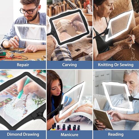 عدسة مكبرة مع ضوء لكبار السن وكبار السن الذين يقرؤون صفحة كاملة، عدسة مكبرة كبيرة مستطيلة الشكل مع مصباح LED لسطح المكتب قابل للتعتيم، عدسة مكبرة بدون استخدام اليدين لأعمال الخياطة والرسم اليدوية in Kuwait