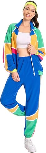 Womens 80s Tracksuit Retro Hip Hop Windbreaker Women Disco Tracksuit Sets Colorblock One Piece Outfits Set in Kuwait