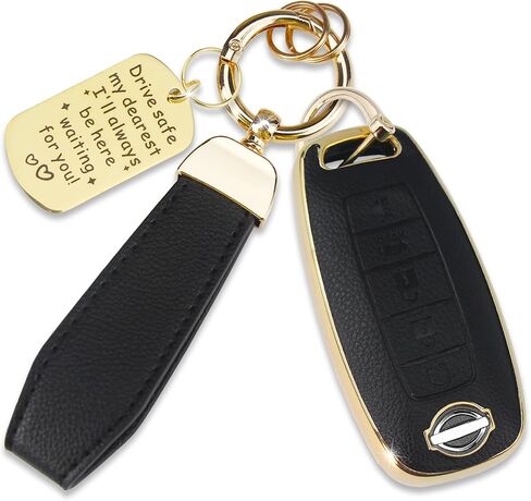 Soft TPU & Leather Key Fob Cover Compatible with Nissan Kicks 2023-2025,Sentra 2023-2025,Pathfinder 2023-2025,Rogue 2024-2025, with Keychain & Metal Blessing Tag (5 Button Coffee) in Saudi Arabia