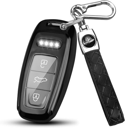 QBUC لغطاء Audi Key Fob مع سلسلة مفاتيح، واقي حافظة مفاتيح TPU الناعم لمفتاح Audi A3 A6 A8 Q7 Q8 E-Tron RS6 الذكي (B: أسود) in Kuwait