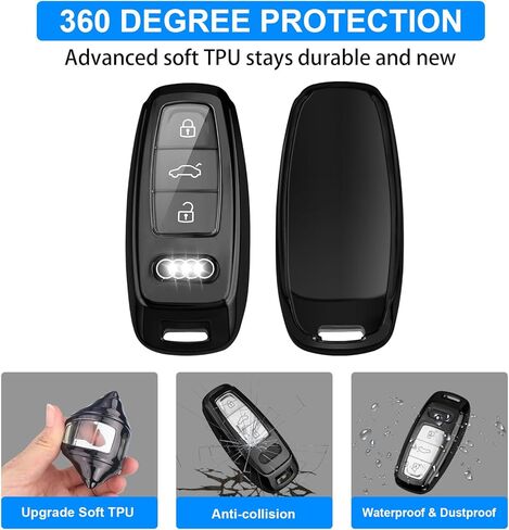 QBUC لغطاء Audi Key Fob مع سلسلة مفاتيح، واقي حافظة مفاتيح TPU الناعم لمفتاح Audi A3 A6 A8 Q7 Q8 E-Tron RS6 الذكي (B: أسود) in Kuwait