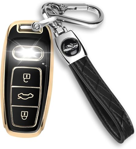 QBUC لغطاء Audi Key Fob مع سلسلة مفاتيح، واقي حافظة مفاتيح TPU الناعم لمفتاح Audi A3 A6 A8 Q7 Q8 E-Tron RS6 الذكي (B: أسود) in Kuwait