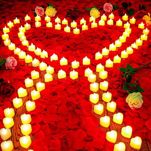 JMUQ 7000 Pieces Artificial Rose Petals with 72 Pieces Romantic Heart Led Tealight Candles, Rose Petals and Candles Set for Weddings Anniversaries Proposals Decor(Warm White Light) in Saudi Arabia