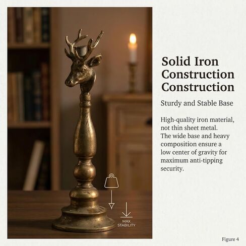 حامل شموع الرنة النحاسي العتيق - حامل شمعدان مستدق برأس غزال ذهبي عتيق - قطعة مركزية لديكور طاولة عيد الميلاد في المزرعة الريفية - ديكور منزلي لقضاء العطلات من المعدن الصلب in Kuwait