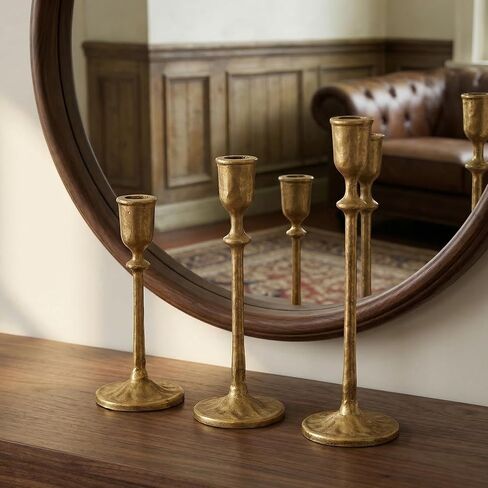 Vintage Cast Iron Candlesticks Set of 3 - Rustic Distressed Taper Candle Holders for Farmhouse/Boho Decor, Decorative Tiered Height Candle Sticks for Mantel, Dining Table Centerpiece in Saudi Arabia