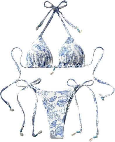 SweatyRocks Women's Random Printed Bikini Set Shell Halter String Thong Bathing Suits Swimsuits in Saudi Arabia