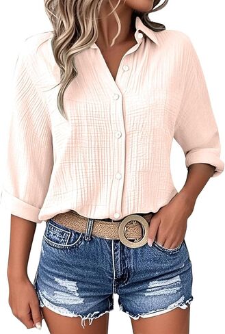 Womens Blouse Tops Plus Size Fashion Solid Color Button Lapel 3/4 Length Sleeves Loose Comfy Dressy Casual Shirts in Kuwait
