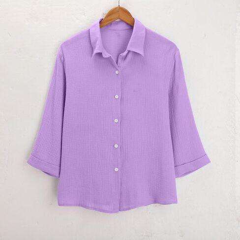 Womens Blouse Tops Plus Size Fashion Solid Color Button Lapel 3/4 Length Sleeves Loose Comfy Dressy Casual Shirts in Saudi Arabia