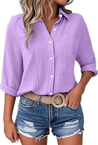 Womens Blouse Tops Plus Size Fashion Solid Color Button Lapel 3/4 Length Sleeves Loose Comfy Dressy Casual Shirts in Saudi Arabia