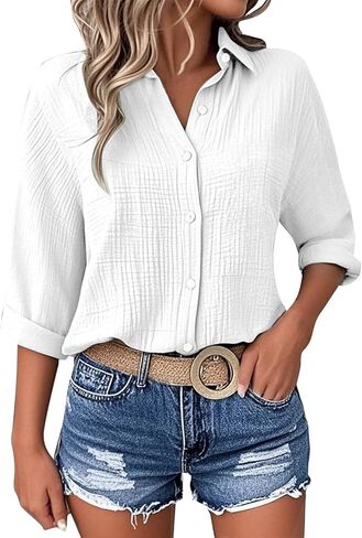 Womens Blouse Tops Plus Size Fashion Solid Color Button Lapel 3/4 Length Sleeves Loose Comfy Dressy Casual Shirts in Saudi Arabia
