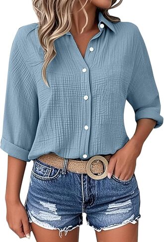 Womens Blouse Tops Plus Size Fashion Solid Color Button Lapel 3/4 Length Sleeves Loose Comfy Dressy Casual Shirts in Saudi Arabia