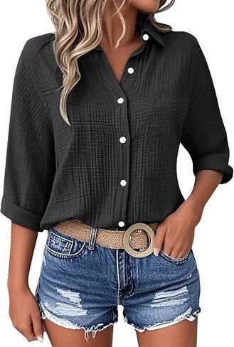 Womens Blouse Tops Plus Size Fashion Solid Color Button Lapel 3/4 Length Sleeves Loose Comfy Dressy Casual Shirts in Saudi Arabia